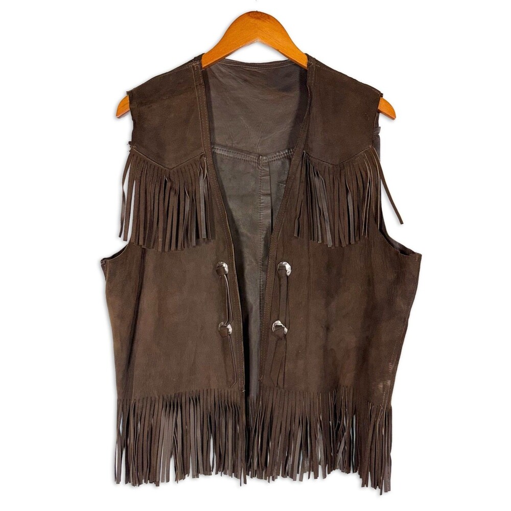 Vintage Campus Suede Fringe Vest Brown Western Biker Boho Made USA L